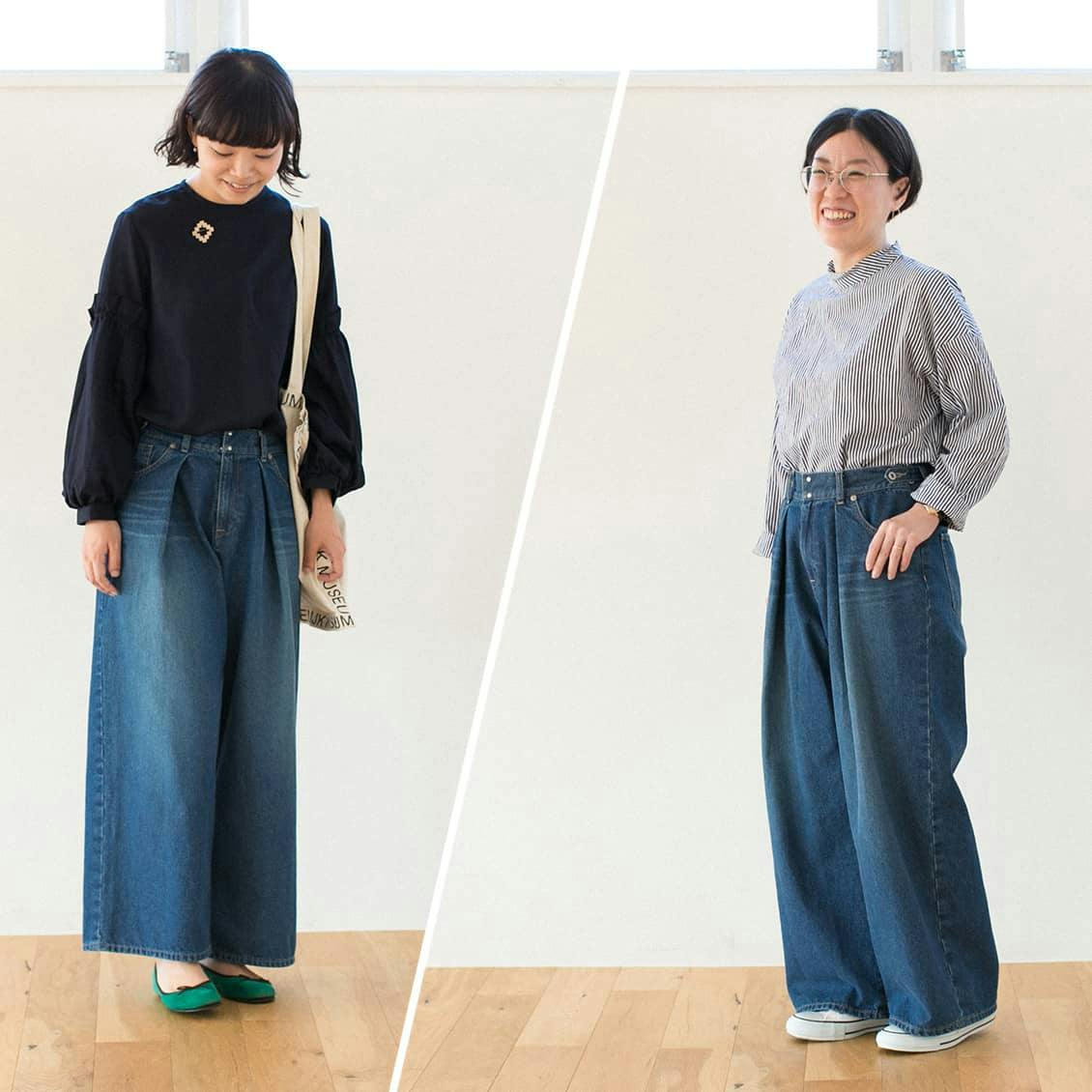 着用レビュー】当店オリジナルのワイドデニムを、身長の異なる2